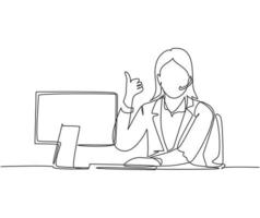 disegno a linea singola di una giovane lavoratrice di call center seduta davanti al computer e che risponde al telefono del cliente. servizio clienti concetto di business linea continua disegnare disegno vettoriale illustrazione