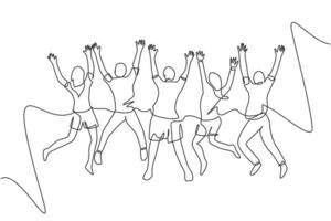 un disegno a tratteggio del gruppo di vista posteriore di giovani maschi e femmine felici che saltano insieme per celebrare la loro vacanza. concetto di viaggio itinerante. illustrazione vettoriale grafica di disegno di disegno di linea continua