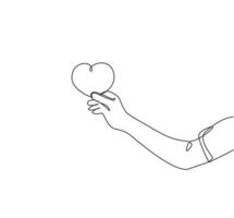 disegno a linea continua di una giovane mano femminile felice che tiene in mano un cartone a forma di cuore carino. concetto di amore matrimonio romantico. illustrazione di vettore di progettazione grafica di disegno di una linea moderna
