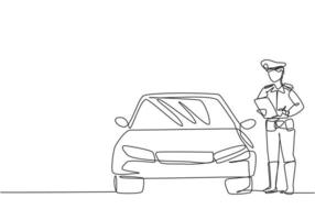 un poliziotto di disegno a linea continua con uniforme sta multando un autista che usa un'auto per violare i segnali stradali. norme devono essere applicate. una linea disegnare grafica illustrazione vettoriale. vettore
