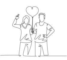 un unico disegno a tratteggio di una giovane coppia felice di uomo e donna che fa una passeggiata al parco pubblico insieme e tiene in mano un palloncino a forma di cuore. concetto di anniversario di matrimonio linea continua disegnare illustrazione di design vettore