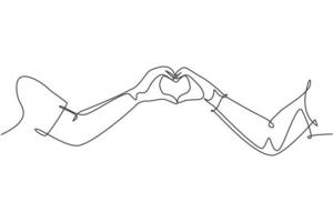 singolo disegno a linea continua di una giovane coppia felice carina formata a forma di cuore con le mani come simbolo d'amore. amore romantico matrimonio concetto una linea grafica disegnare disegno vettoriale illustrazione