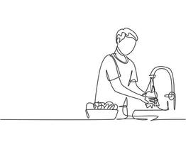 un'unica linea continua che disegna un uomo che lava i frutti nel lavandino dai germi che si attaccano per pulire. pulito con acqua per renderlo igienico. illustrazione di vettore di progettazione grafica di disegno grafico di una linea dinamica.