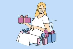 incinta donna con regalo scatola colpi pancia e sembra a schermo nel anticipazione di nascita di bambino vettore