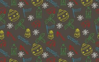 vettore senza soluzione di continuità inverno modello con i regali, Natale albero giocattoli e i fiocchi di neve disegnato a mano nel cartone animato stile su un' blu sfondo. illustrazione per tessili, design e decorazione.