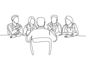 un disegno a tratteggio di un giovane intervistato che viene intervistato da alcuni dirigenti aziendali per un annuncio di lavoro. concetto di processo di colloquio di lavoro. illustrazione vettoriale grafica di disegno di disegno di linea continua alla moda