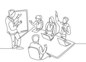 un disegno a tratteggio di un giovane manager aziendale che fa una presentazione per formare gli apprendisti in ufficio durante la riunione. concetto di formazione sul lavoro linea continua disegno grafico illustrazione vettoriale
