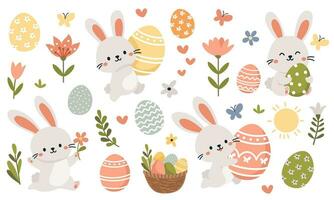 impostato di piatto vettore illustrazioni per Pasqua giorno. carino coniglietti con Pasqua uova, Pasqua cestino e primavera fiori