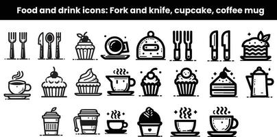 cibo e bevanda icone, forchetta e coltello, cupcake, caffè tazza, icone impostare, nero e bianca, bianca sfondo, vettore Guarda, linea icone