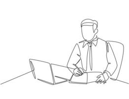 un unico disegno a tratteggio di un giovane uomo d'affari serio che fissa il laptop e scrive note commerciali al membro del team in ufficio. illustrazione vettoriale di disegno di disegno di linea continua di concetto di lettera di affari