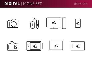digitale attrezzo icone progettato nel linea arte stile può essere Usato per ragnatela e Stampa, modificabile ictus vettore
