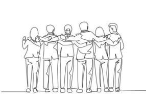 un unico disegno a tratteggio su un gruppo di uomini e donne di diverse etnie in piedi insieme per mostrare il loro legame di amicizia. unità nel concetto di diversità linea continua disegnare disegno vettoriale illustrazione