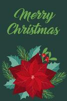 Natale saluto carta con abete albero, poinsettia e agrifoglio bacca. vettore