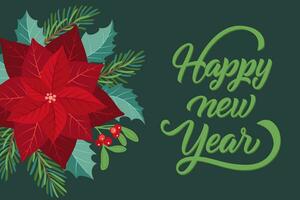 nuovo anno saluto carta con abete albero, poinsettia e agrifoglio bacca. vettore