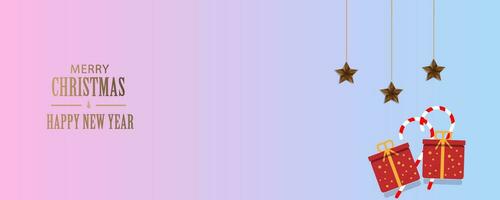 allegro Natale e contento nuovo anno. orizzontale modello creativo design nel luminosa colori con regalo scatole e caramella canne, stelle. adatto per manifesti, volantini, copertine, striscioni, opuscoli vettore