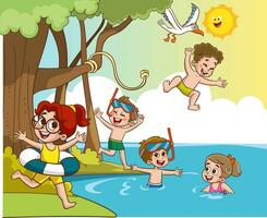 bambini giocando su il spiaggia cartone animato vettore illustrazione. estate vacanza concetto.