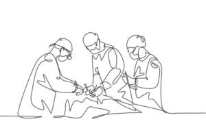singolo gruppo di disegno a linea singola continuo di team medico chirurgo che esegue un'operazione chirurgica al paziente con condizioni critiche. concetto di chirurgia operativa illustrazione vettoriale di disegno di una linea di disegno
