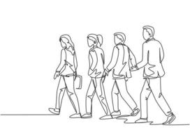 un disegno a tratteggio continuo di un gruppo di pendolari urbani maschi e femmine che camminano ogni giorno su una strada cittadina per andare in ufficio. concetto di lavoratori pendolari urbani singola linea disegnare grafica vettoriale illustrazione