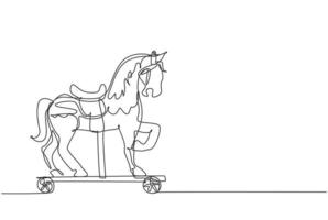 un disegno a tratteggio continuo di un vecchio giocattolo a cavallo in legno vintage retrò. bambini giocattolo classico con concetto di ruota in legno disegno a linea singola illustrazione grafica vettoriale