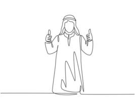un unico disegno a tratteggio di un giovane membro del team di avvio musulmano felice che dà il gesto del pollice in su. shmag di stoffa dell'arabia saudita, kandora, foulard, thobe, ghutra. illustrazione vettoriale di disegno di disegno di linea continua
