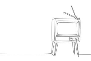 un disegno a linea continua di una tv retrò vecchio stile con tavolo in legno e gambe del tavolo. classico vintage televisione analogica concetto linea singola disegnare grafica vettoriale illustrazione