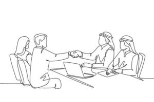 un disegno a tratteggio continuo di un giovane uomo d'affari musulmano che stringe la mano al suo manager aziendale. uomini d'affari dell'Arabia Saudita con shemag, kandura, sciarpa e abbigliamento. illustrazione vettoriale di disegno a linea singola