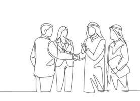 un disegno a tratteggio continuo della stretta di mano del giovane uomo d'affari musulmano con il suo collega. uomini d'affari sauditi con shemag, kandura, sciarpa e kefiah. illustrazione vettoriale di disegno a linea singola