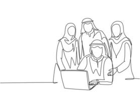 un unico disegno a tratteggio di giovani membri del team di avvio musulmano felici posano insieme in modo solido. shmag di stoffa dell'arabia saudita, kandora, foulard, thobe, ghutra. illustrazione vettoriale di disegno di disegno di linea continua