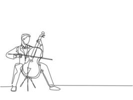 un disegno a tratteggio di un giovane violoncellista maschio felice che si esibisce per suonare il violoncello in un concerto di orchestra classica. musicista artista performance concept linea continua disegno grafico disegno illustrazione vettoriale