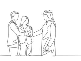 un disegno a tratteggio continuo di un giovane uomo d'affari musulmano che stringe la mano al suo manager aziendale. uomini d'affari dell'Arabia Saudita con abbigliamento kandura, sciarpa e kefiah. illustrazione vettoriale di disegno a linea singola