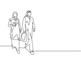 disegno a linea continua di un giovane uomo d'affari felice che cammina insieme al suo assistente mentre va nella sala riunioni. arabo medio oriente donna panno velo hijab. un disegno vettoriale illustrazione di disegno