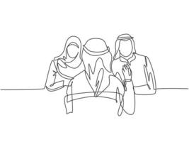 un disegno a tratteggio di un giovane fondatore musulmano di stratup che intervista un candidato dipendente in ufficio. arabia saudita panno kandora, thobe, ghutra, hijab. illustrazione vettoriale di disegno di disegno di linea continua