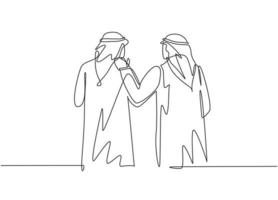 un unico disegno a tratteggio di giovani lavoratori musulmani maschi felici che camminano insieme in ufficio. shmag di stoffa dell'arabia saudita, kandora, foulard, thobe, ghutra. illustrazione vettoriale di disegno di disegno di linea continua