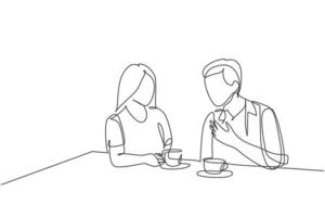 singolo disegno a linea continua di giovani coppie maschili e femminili felici che fanno un appuntamento romantico e una cena insieme al bar. concetto di vita matrimoniale. illustrazione grafica vettoriale di disegno di una linea disegnare