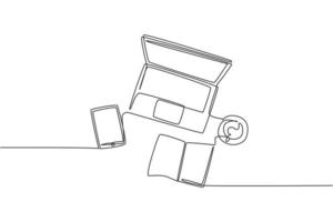 un disegno a linea continua di un computer portatile, smartphone, tablet e prenotare una tazza di caffè alla scrivania dell'ufficio aziendale dalla vista dall'alto. concetto di tavolo dello spazio di lavoro. illustrazione di disegno a linea singola vettore