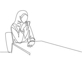 un disegno a tratteggio di una giovane lavoratrice musulmana di bellezza che si gode una tazza di caffè al bar. abbigliamento islamico hijab e concetto di velo. illustrazione di disegno di disegno di linea continua vettore