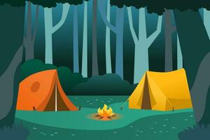 foresta campo nel il notte con tenda e falò. avventura e viaggio concetto. vettore illustrazione.