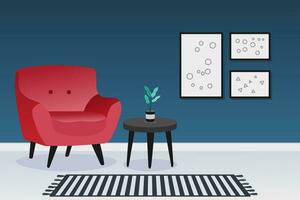 interno design di un' vivente camera con rosso divano e buio blu parete. casa interno. vettore illustrazione.