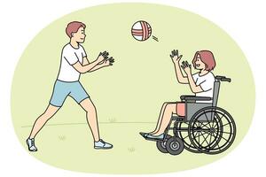 contento ragazzo giocando palla con portatori di handicap ragazza seduta nel ruota sedia. sorridente bambini avere divertimento all'aperto. invalidità e menomazione. vettore illustrazione.