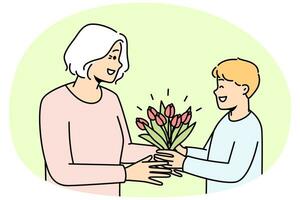 sorridente ragazzo bambino presente fiori per maturo nonna. contento ragazzo dare floreale mazzo per anziano nonna su speciale occasione. vettore illustrazione.