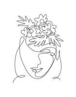 una linea continua che disegna un'acconciatura cosmetica di natura minimalista di bellezza. bouquet di fiori nel concetto di viso astratto testa di donna. stampa della decorazione della parete. illustrazione vettoriale grafica di disegno di disegno di arte a linea singola