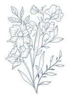 fiori selvatici linea disegno. nero e bianca floreale mazzi di fiori. fiore colorazione pagina. floreale linea arte. bene linea fiori selvatici illustrazione. mano disegnato fiori. botanico colorazione. nozze invito fiori vettore