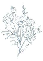 fiori selvatici linea disegno. nero e bianca floreale mazzi di fiori. fiore colorazione pagina. floreale linea arte. bene linea fiori selvatici illustrazione. mano disegnato fiori. botanico colorazione. nozze invito fiori vettore