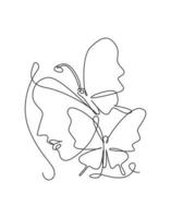 disegno a linea continua singola donna di bellezza con opere d'arte a farfalla. botanica, moda, stampa t-shirt. concetto di stile minimalista volto ritratto. illustrazione vettoriale grafica di design alla moda di una linea di disegno