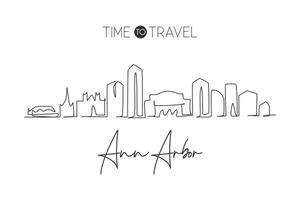 un unico disegno a tratteggio skyline della città di ann arbor, michigan. cartolina del paesaggio della città storica del mondo. migliore destinazione per le vacanze. tratto modificabile alla moda linea continua disegnare disegno vettoriale illustrazione