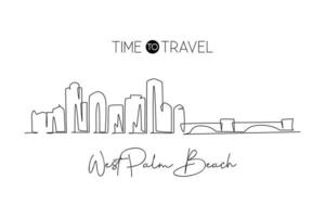 singola linea continua che disegna lo skyline di west palm beach, florida. famoso paesaggio del raschietto della città. concetto di stampa di poster di arte della decorazione della parete della casa di viaggio del mondo. illustrazione vettoriale di design moderno a una linea di disegno