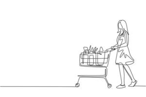 una linea continua che disegna una giovane donna felice che spinge il carrello con frutta, pane, latte, verdure e latte all'interno. acquisto mensile nel concetto di supermercato. illustrazione di disegno a linea singola vettore