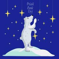 polare orso con stelle. iscrizione. internazionale polare orso giorno. stellato cielo. settentrionale cartone animato animale, cartone animato. artico clima. Ghiaccio, brina, neve. vettore