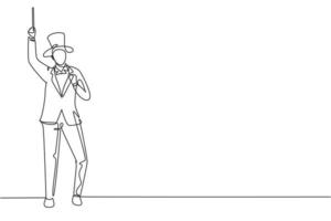il mago di disegno continuo a una linea si leva in piedi con un gesto celebrativo che indossa un cappello e tiene in mano una bacchetta magica che esegue trucchi allo spettacolo circense. lavoro di successo. illustrazione grafica vettoriale di disegno di disegno a linea singola
