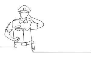 un poliziotto di disegno a linea continua con gesto di chiamata e uniforme è pronto per imporre la disciplina del traffico in autostrada. pattuglia in attesa. illustrazione vettoriale di disegno grafico di disegno grafico di una linea dinamica